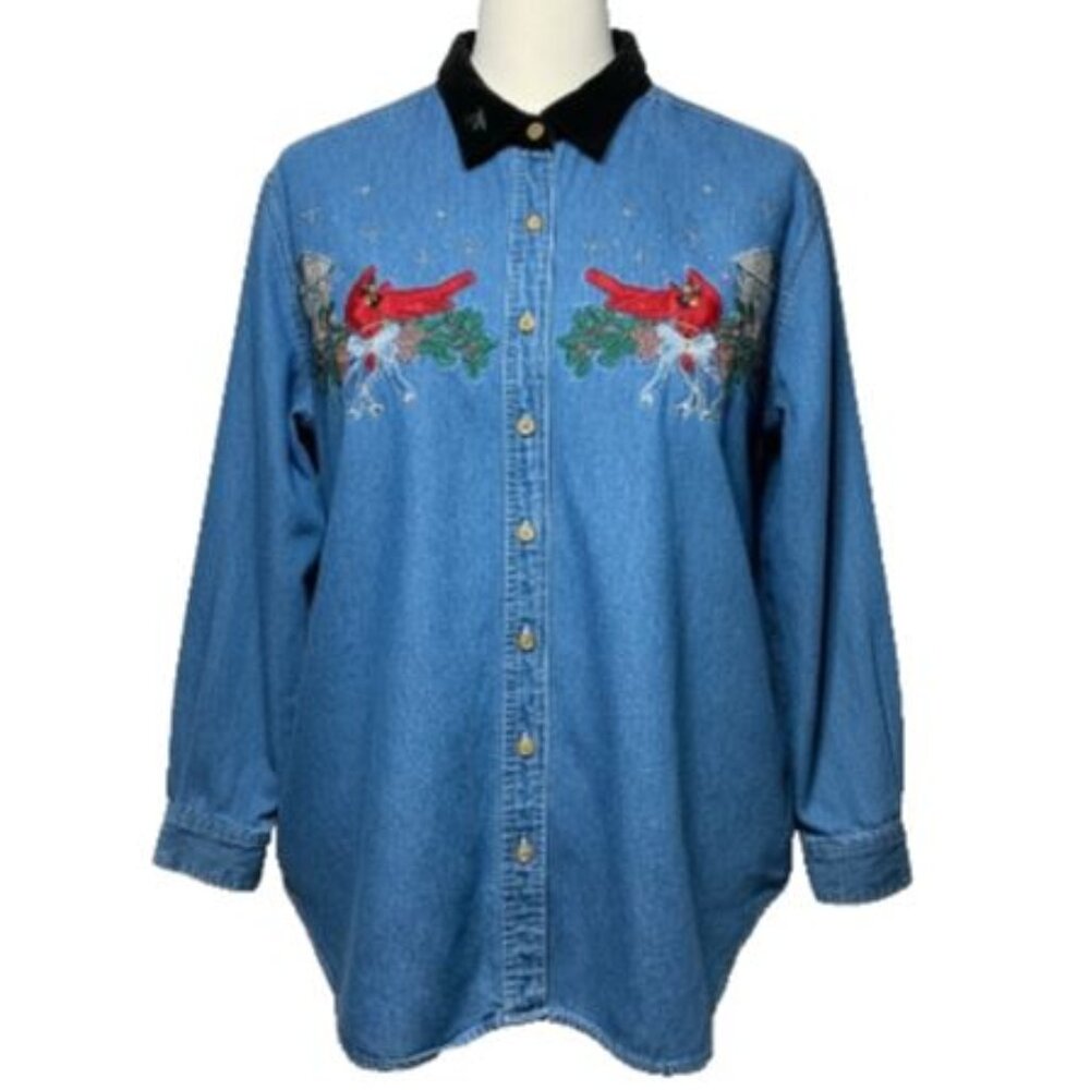 Vintage Denim Christmas Cardinal Shirt